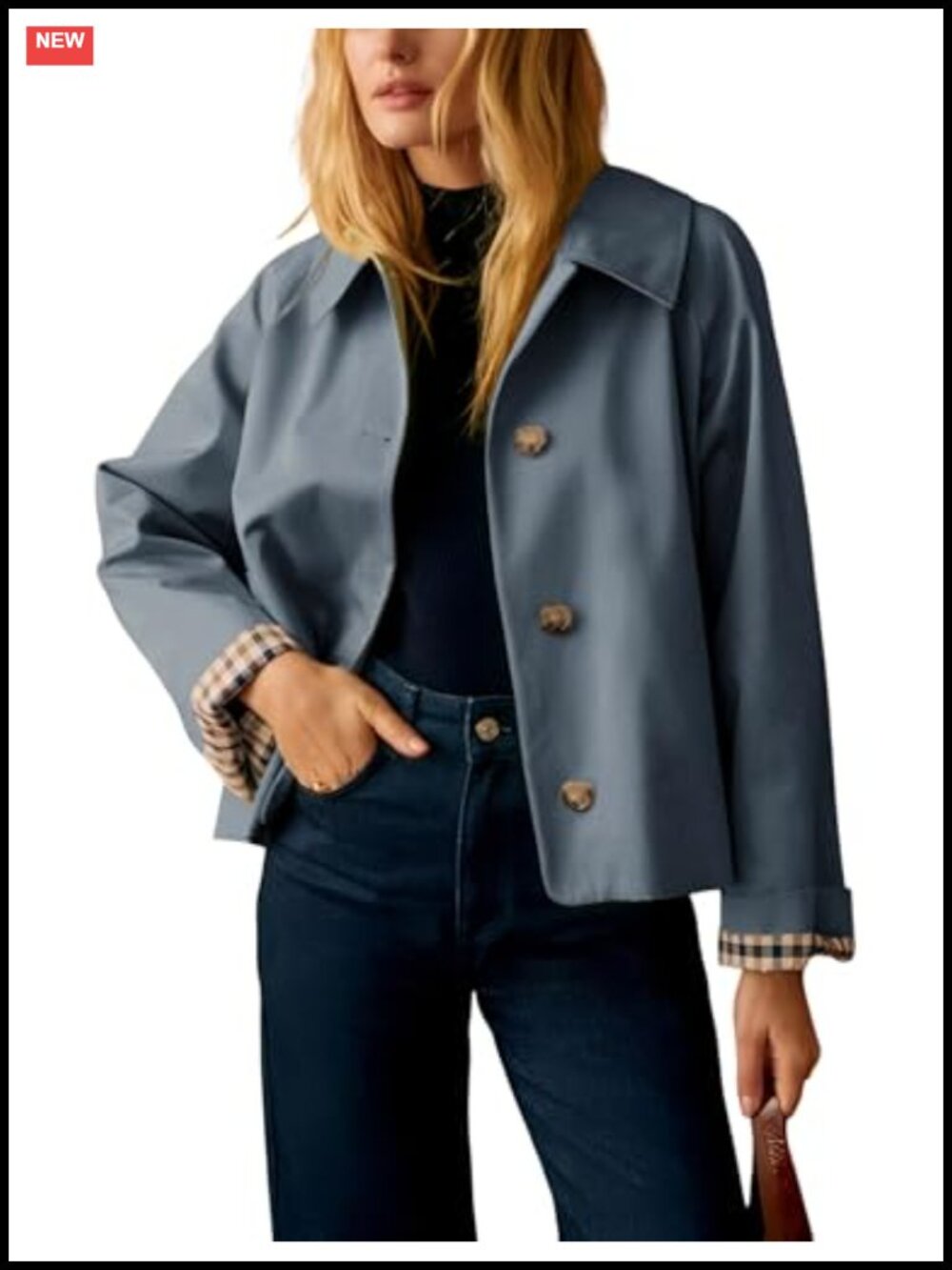 Oversize Plaid Lining Trench Coat Crop Jacket Buttons Pockets Polyester